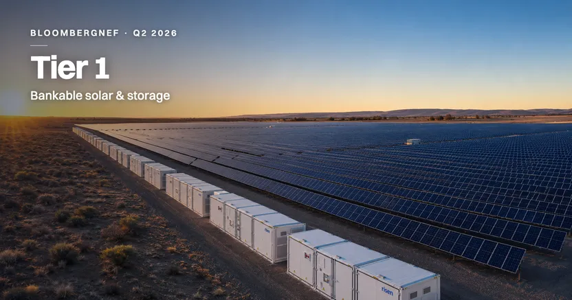 Aerial view at sunset of a Risen Energy utility-scale solar farm with a long row of Risen battery-storage containers — BloombergNEF Tier 1, Q2 2026, for PV modules and energy storage.