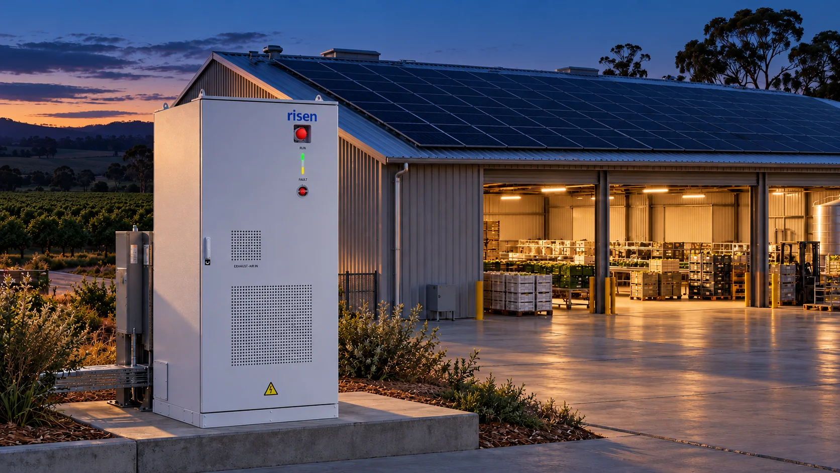 The farm packing shed lit at dusk, with the Risen storage cabinet beside it.
