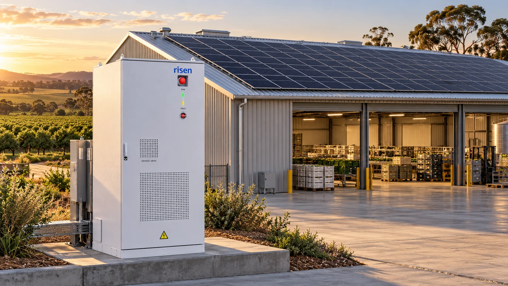 The same farm in daylight, with rooftop solar and a Risen storage cabinet.
