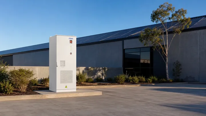Risen iCon commercial battery cabinet outside a warehouse with a solar roof