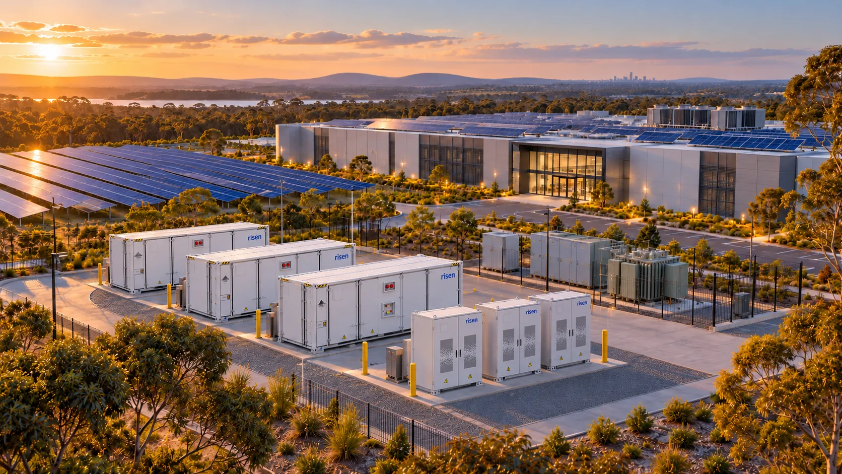 Concept illustration of an Australian data centre with rooftop and adjacent solar arrays and Risen utility battery containers and smaller storage cabinets.