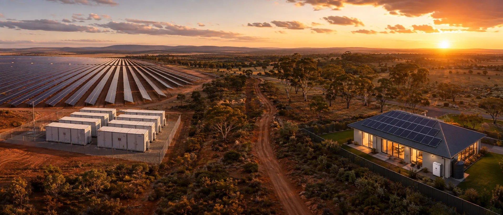 A utility-scale solar farm with battery storage at sunset, connected by a country road to an Australian home with rooftop solar