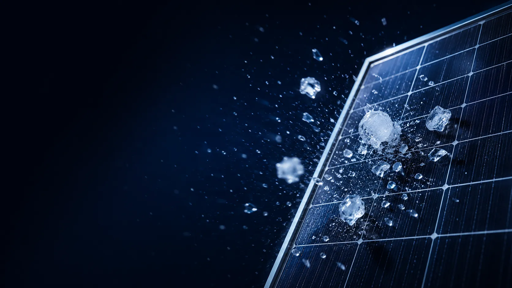 Hailstones shattering off the tempered glass of an intact Risen solar panel