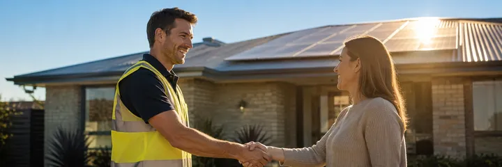 Installer shaking hands with a homeowner in front of a solar-roofed house