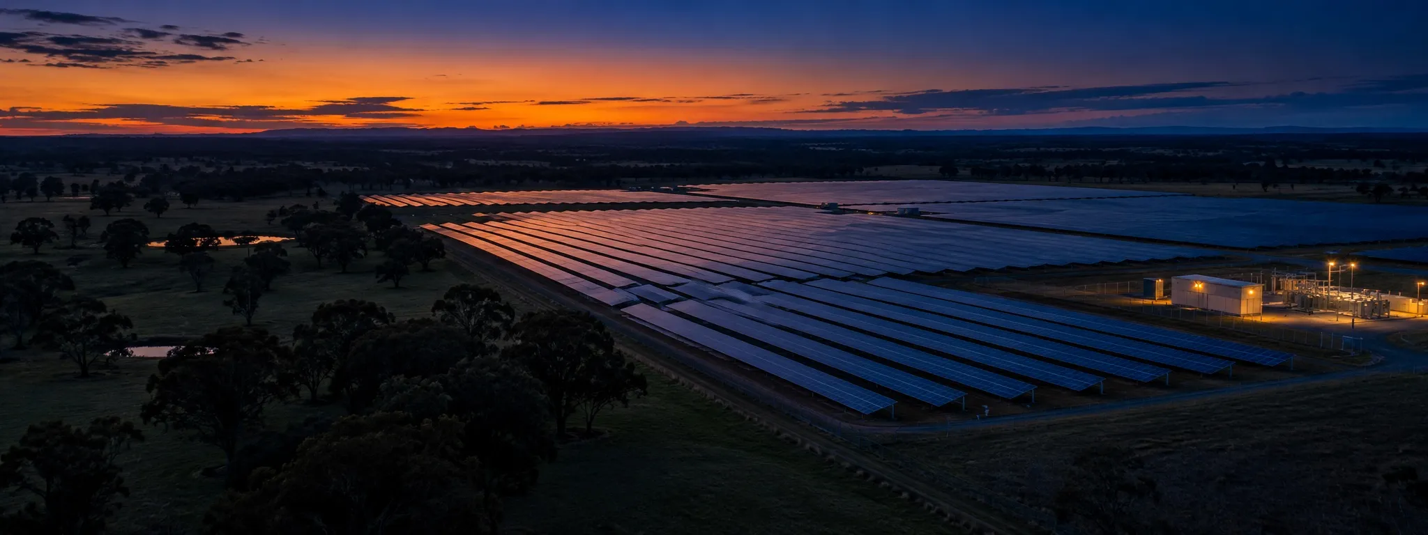 A solar farm and its substation lit up at dusk