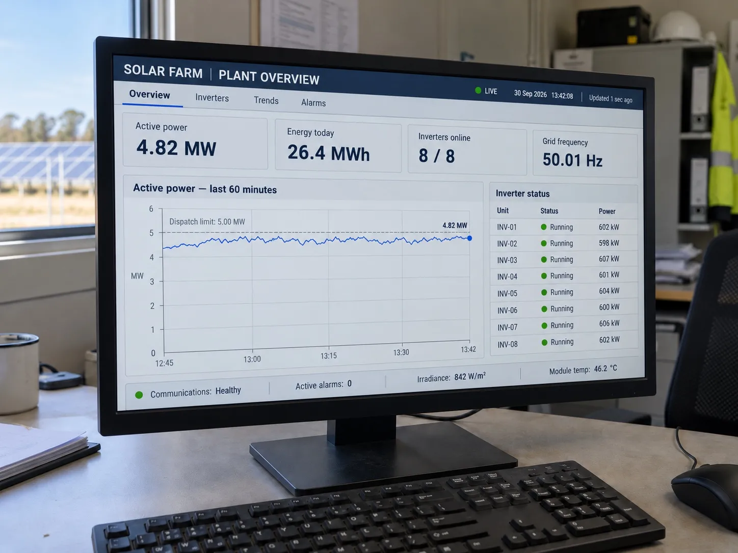 A plant-overview monitoring screen on a desk in a solar farm site office