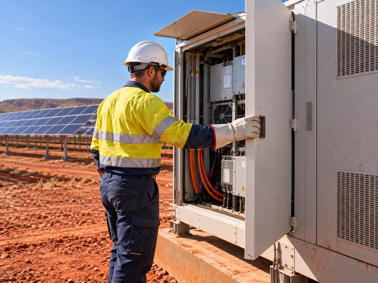 A technician opening the door of a solar farm inverter cabinet