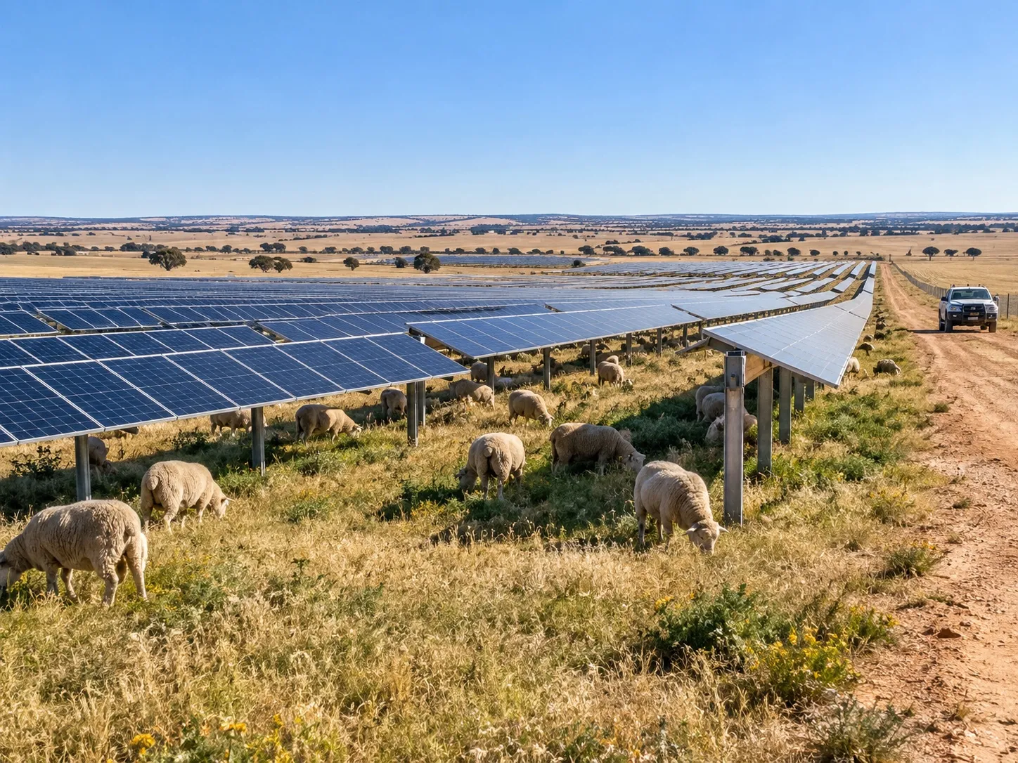 Sheep grazing between the rows of a solar farm