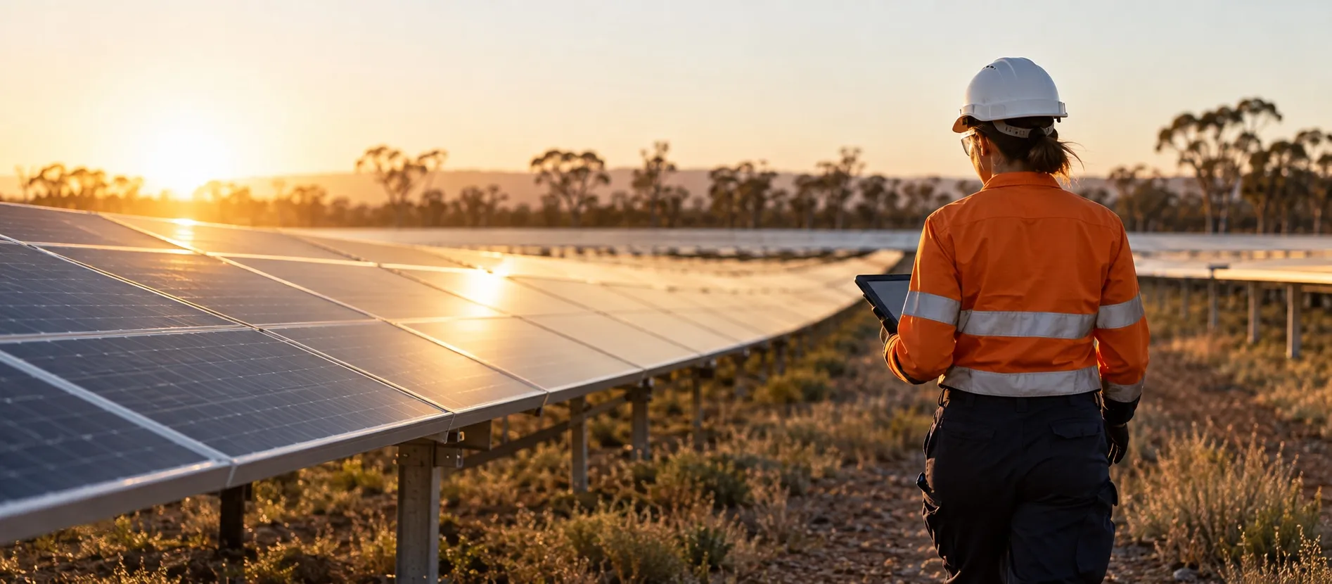 A technician with a tablet walking a row of solar modules at sunrise