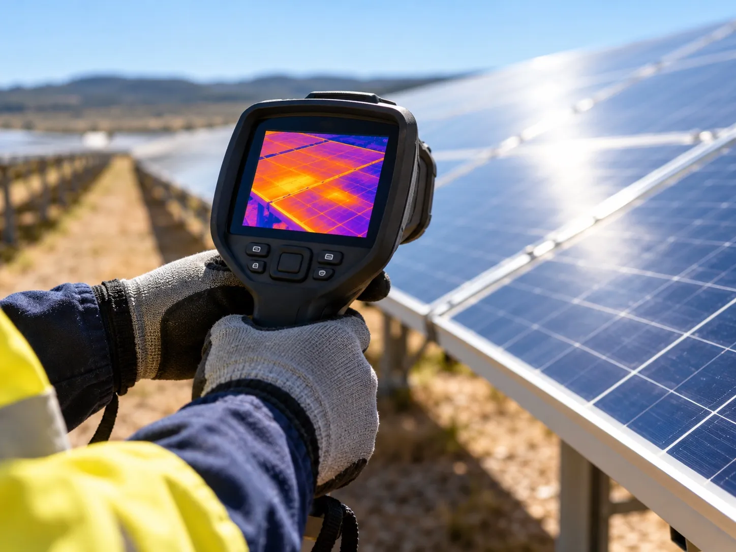A technician scanning a solar module with a handheld thermal camera