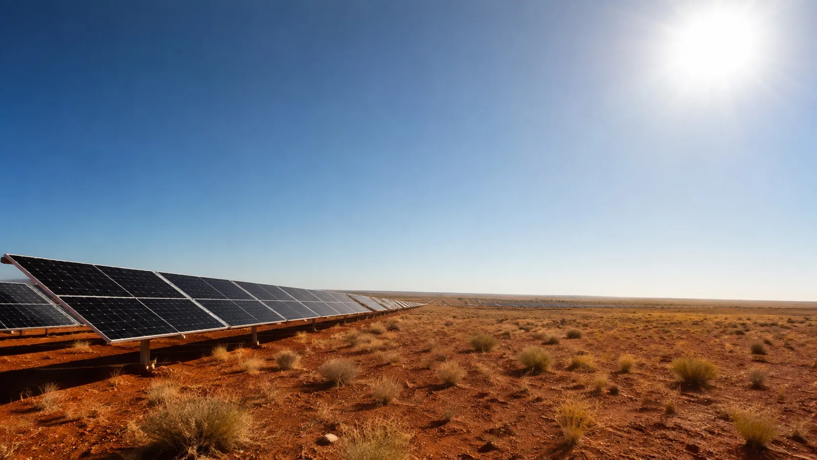 Rows of Risen modules running to the horizon across red outback earth under a harsh summer sun