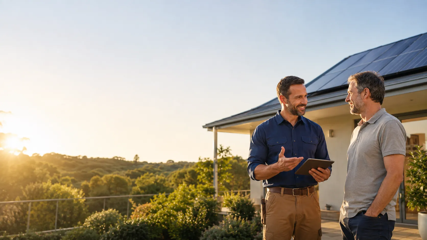 A solar support specialist speaking with a homeowner beside a rooftop solar system