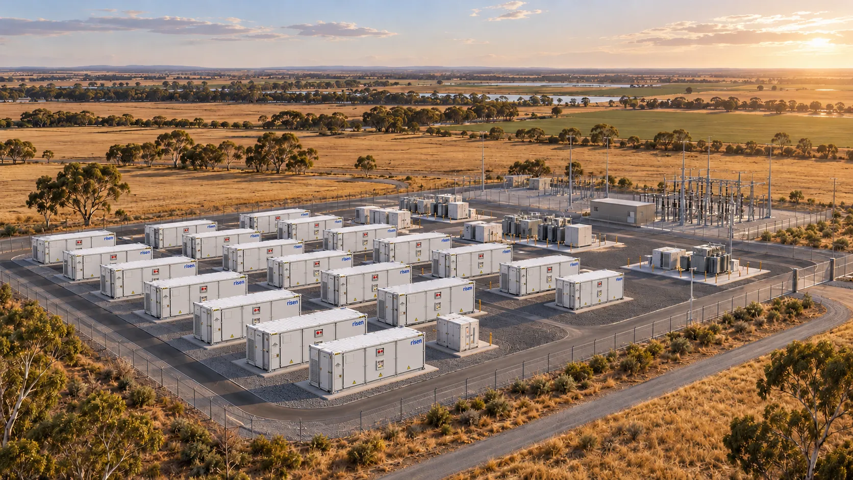 Concept illustration of Woodland battery storage in a flat Riverina agricultural landscape