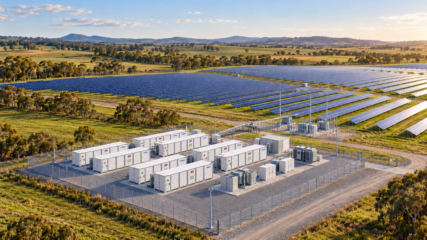 Concept illustration of battery storage added beside Yarranlea solar arrays
